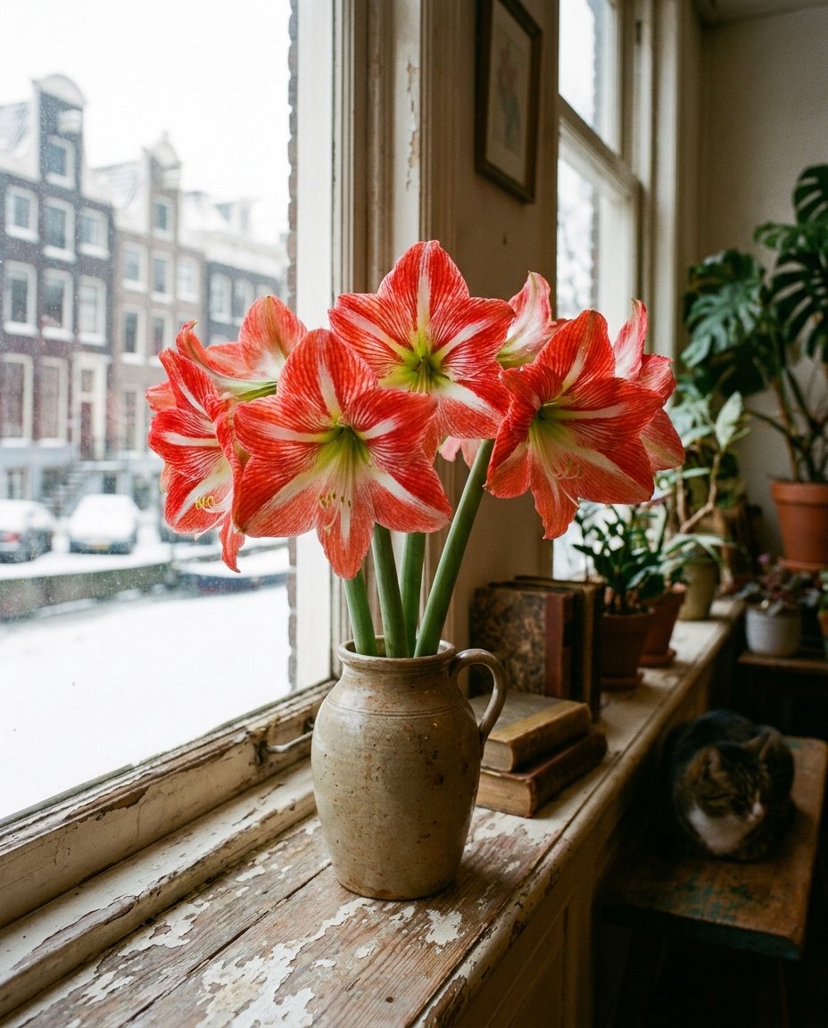 Rood-witte amaryllis in een vaas op de vensterbank