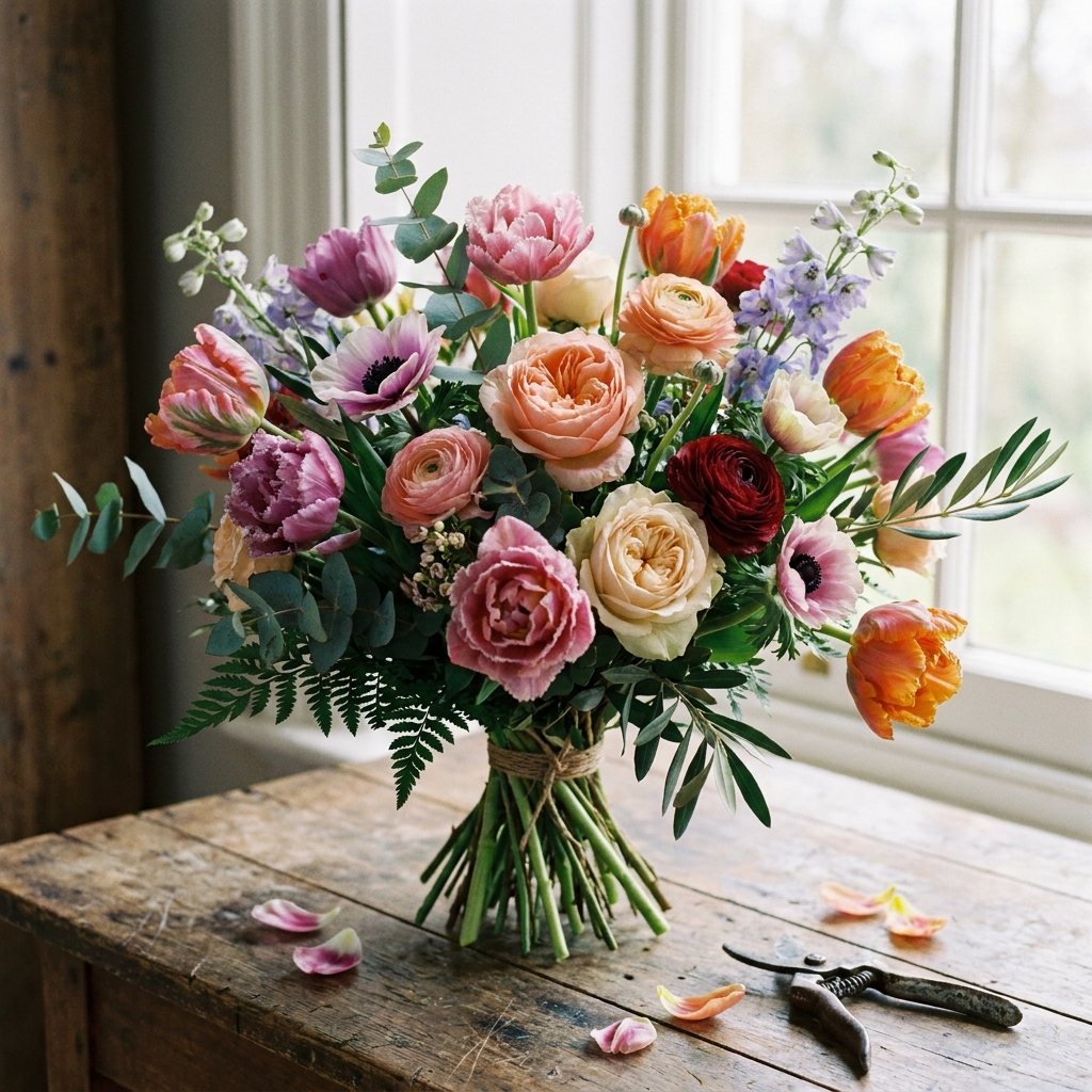 Kleurrijk handgebonden boeket met rozen en tulpen