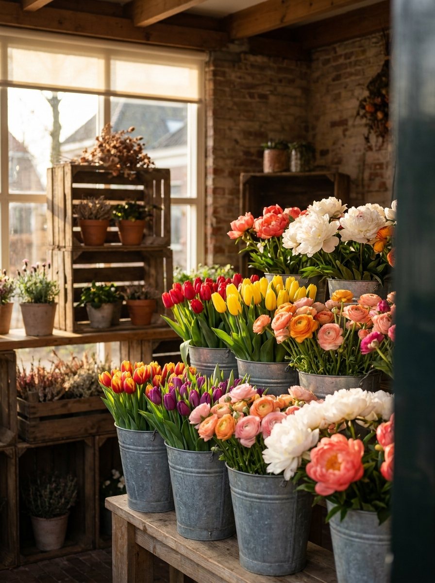 Zinken emmers vol kleurige verse bloemen bij Bloemenshop 't Haasje