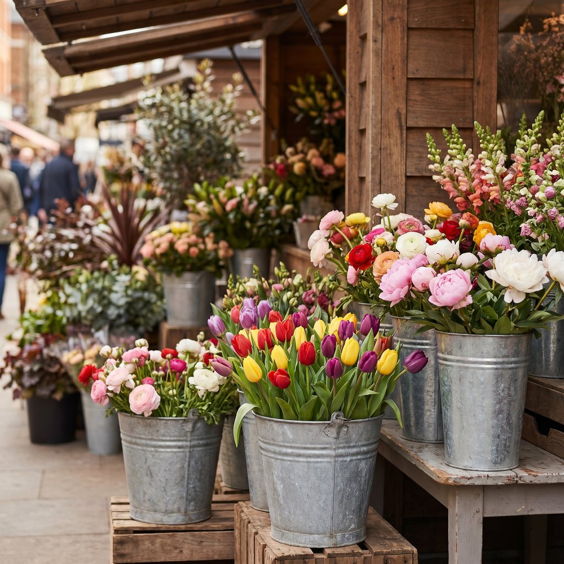 Zinken emmers vol tulpen en ranonkels bij de kiosk