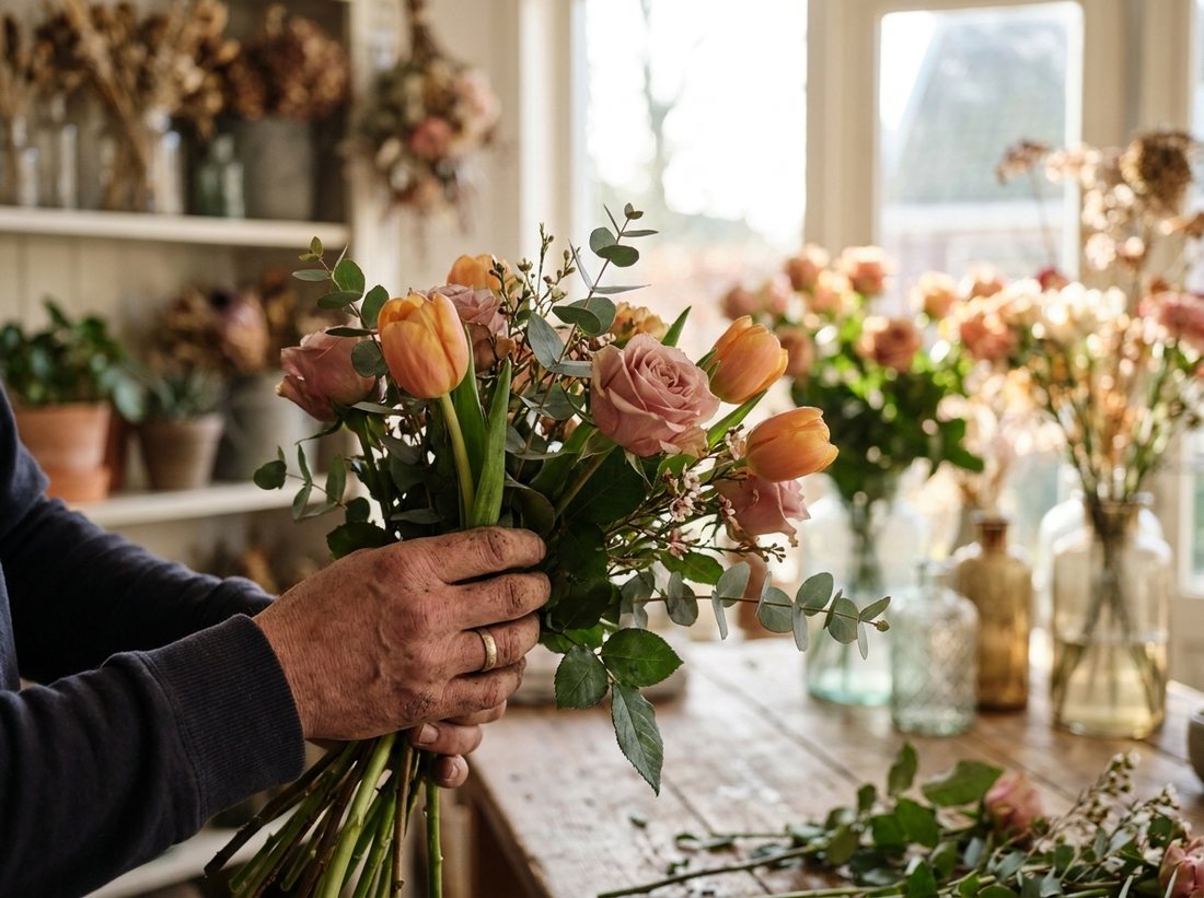 Handen die een vers boeket met tulpen en rozen binden