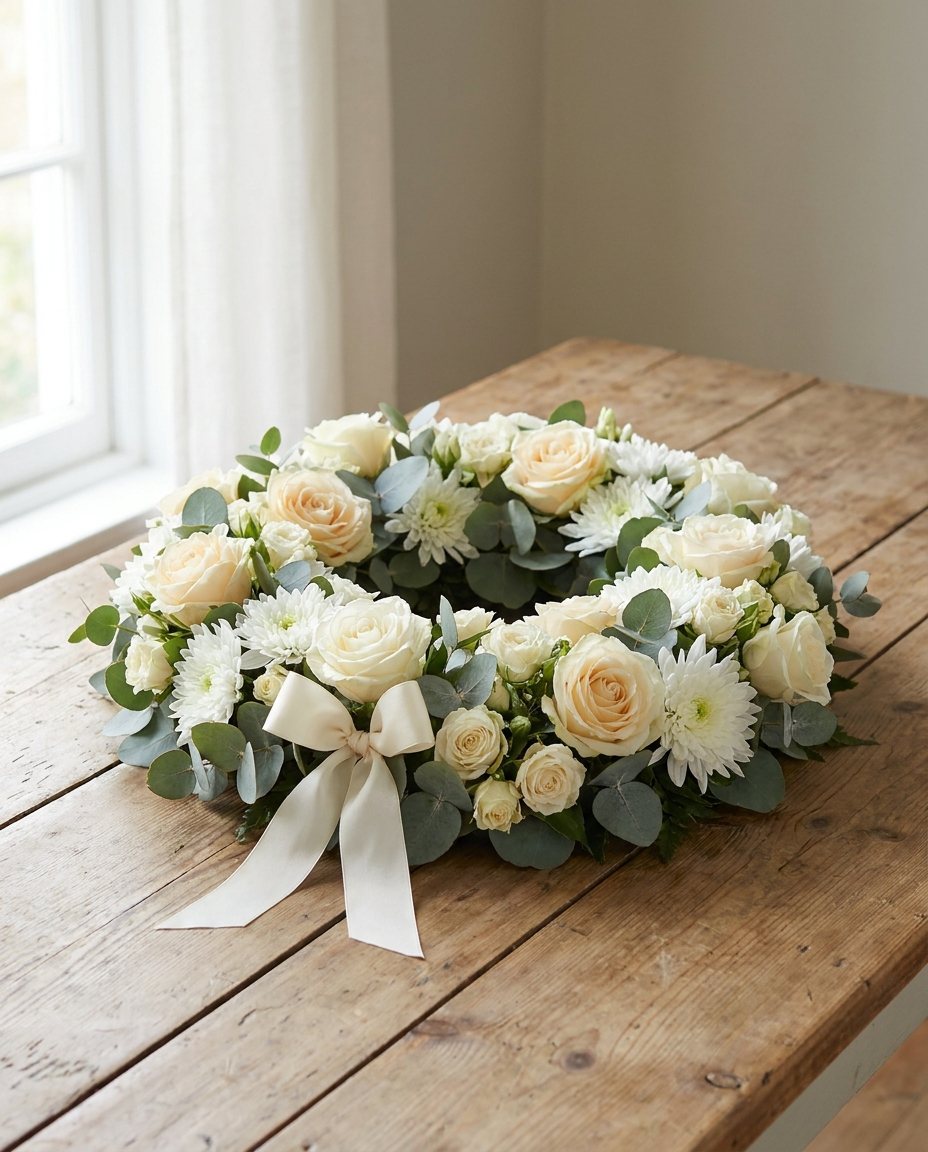 Rouwstuk van witte rozen, chrysanten en eucalyptus